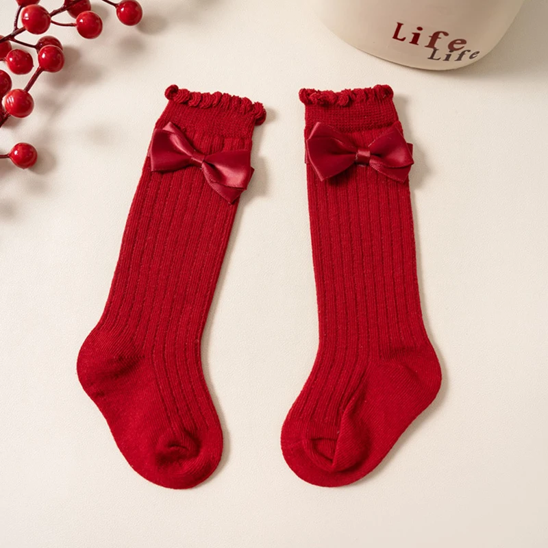 Cute Baby Girl s Winter Knee High Socks with Sparkly Bow and Pearl Detail Non-Slip Ribbed Calf Socks for 0-4 Years Old
