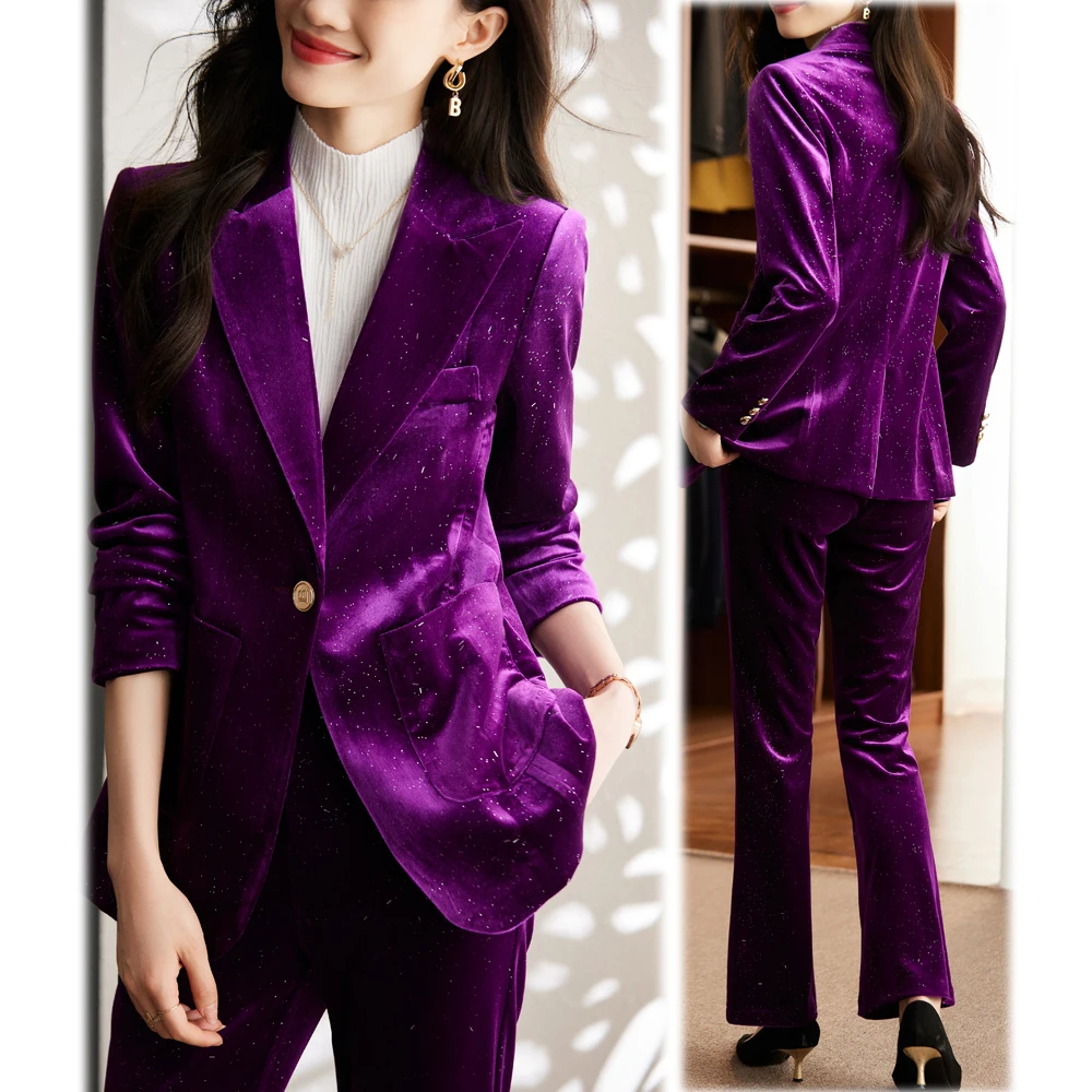 High Quality Shiny  Velvet Autumn Winter Formal Blazer Women Business Suits with Sets Work Wear Office Uniform Pants Jacket