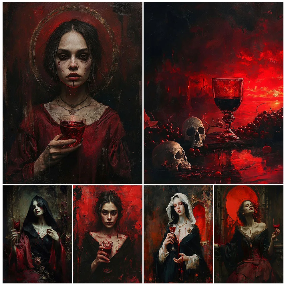 

Bloodthirsty Beautiful Witch Vintage Wall Art Canvas Painting,The Pagan Banshee And The Blood Chalice Art Poster Print Decor