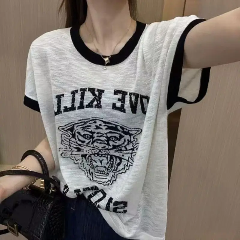 

2023 Summer Women's Pullover T-shirt Fashion Letter Printing Loose Casual Short Sleeve Female Clothing Elegant Tee Shirt Tops