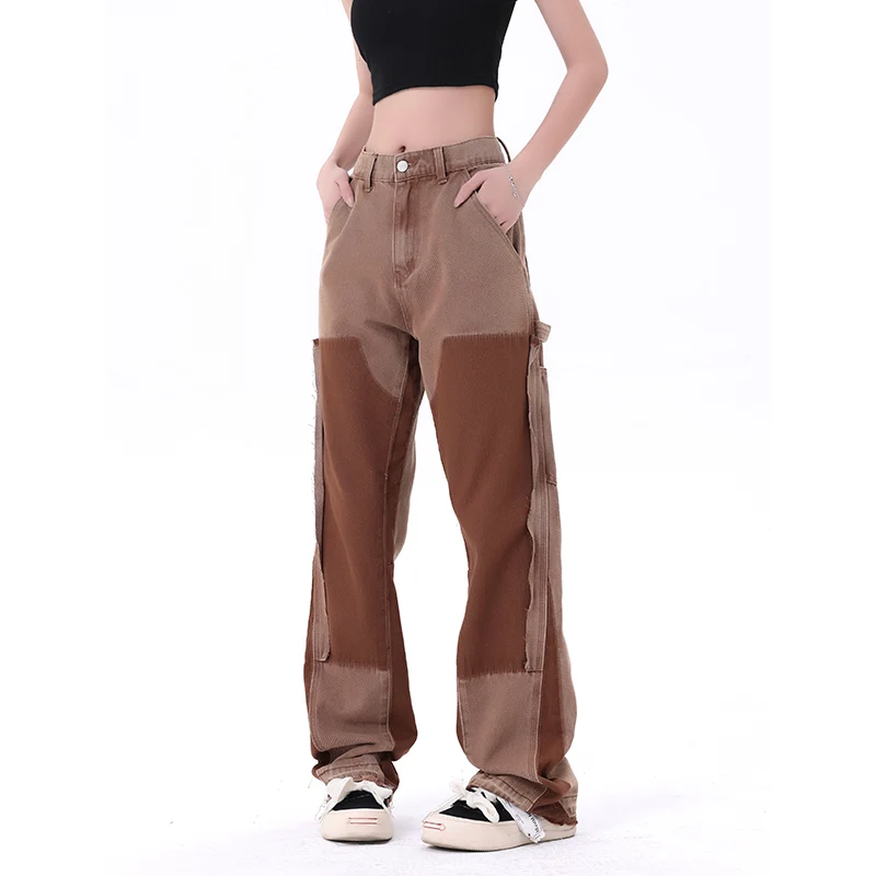 

Vintage Distressed Straight Leg Jeans Colorblocked Patchwork Slim Fit Jeans Pants for Men Streetwear Distressed Denim Trousers