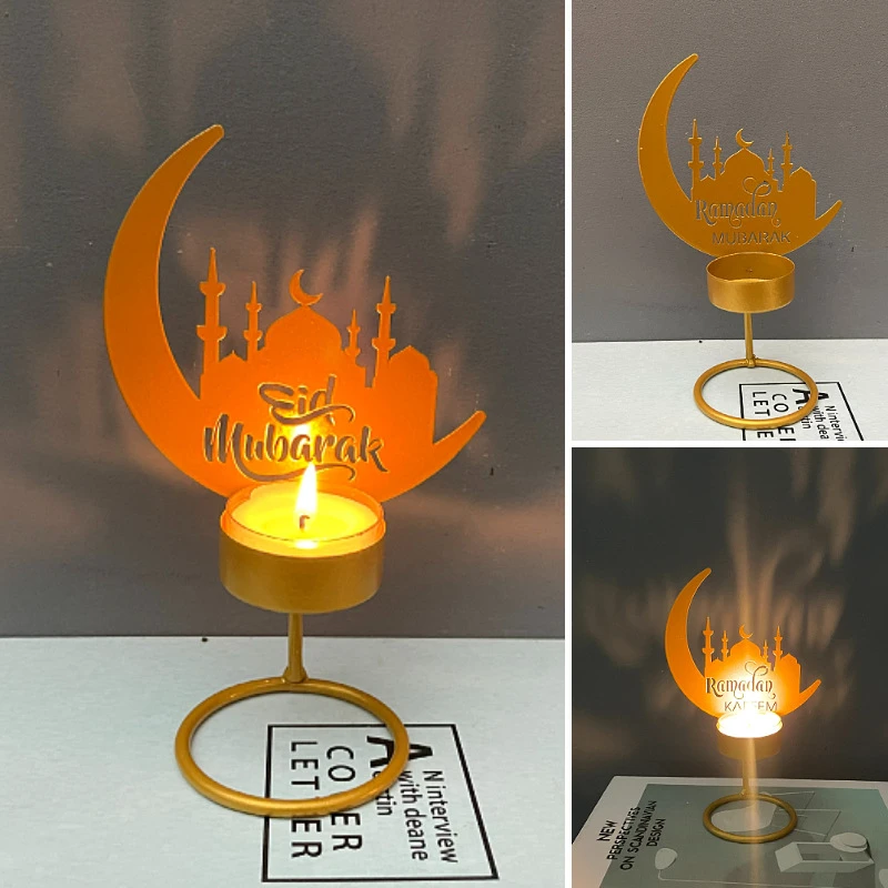 

1pcs Ramadan Kareem Wrought Iron Candle Holder Islam Muslim Party Gift DIY Eid Mubarak Home Decoration Moon Castle Candle Holder