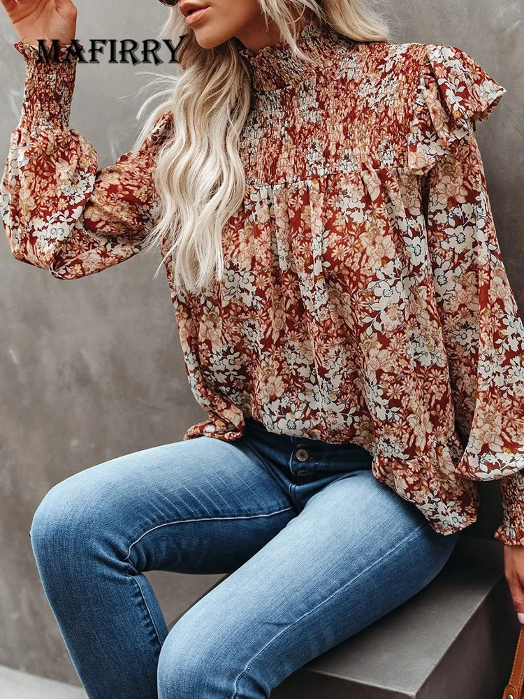 Women Casual Ruffles Turtleneck Shirt Blusa Female Vintage Print Pullover Tops Spring Autumn Lantern Sleeve Basic Loose Blouse ruffles turtleneck дно свитер женщин весна осень похудение поддельные двух частей pullover свитер кружева ruffles вязать свитер top