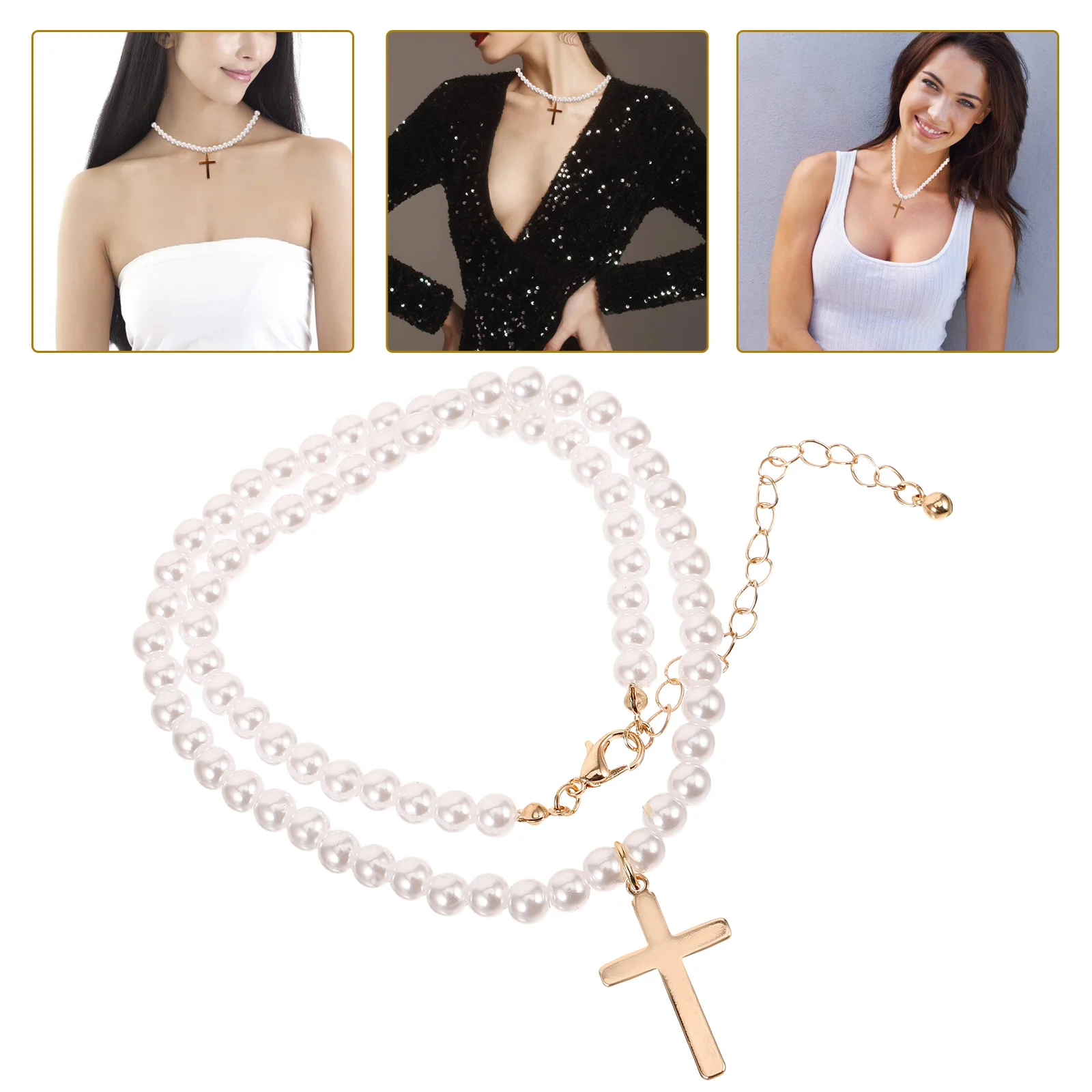 

Gold Choker Necklaces for Woman Pearl Cross Fashionable Women Pendant White Miss
