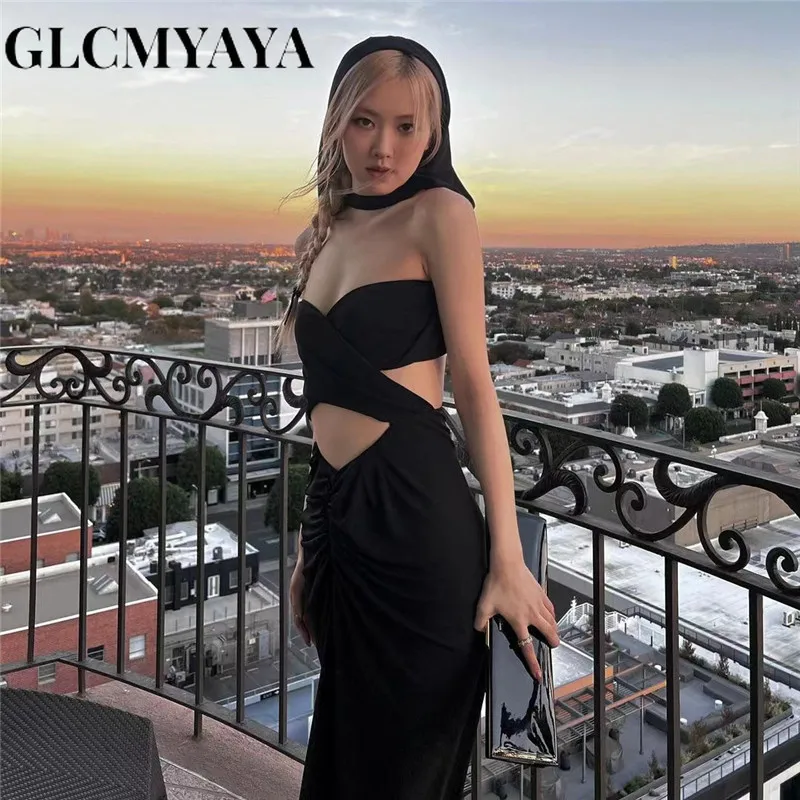 

GLCMYAYA Women Hooded Hollow Out Spliced Slash Neck Solid Bodycon Dress 2023 INS Summer Fashion Sleeveless Sexy A-LINE Dresses