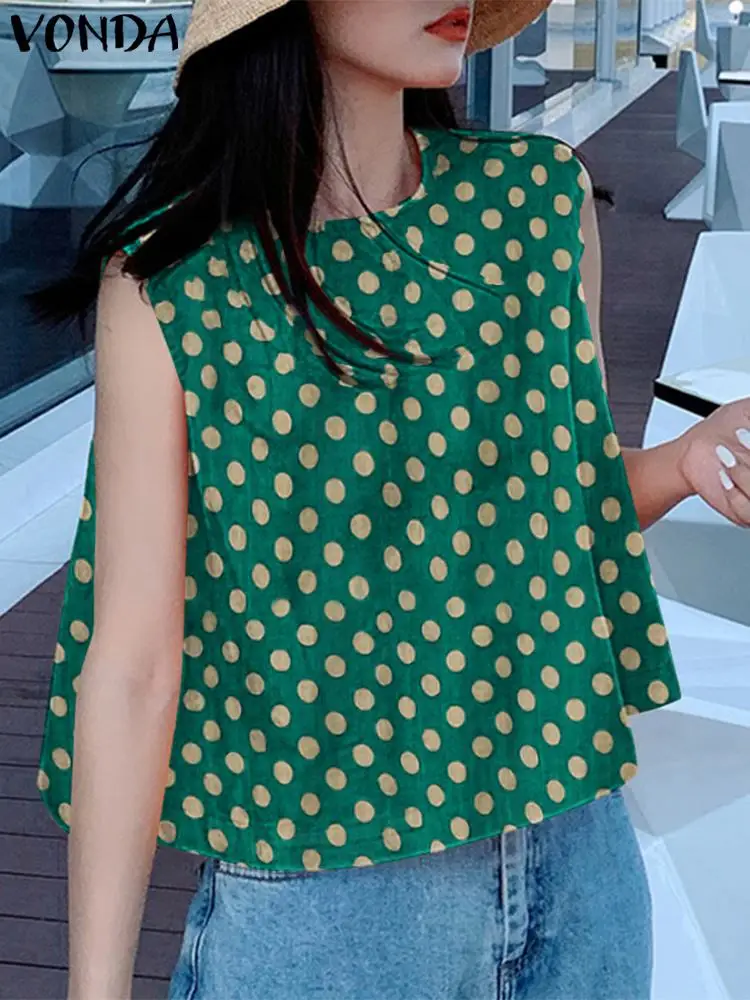 

VONDA летние женские сексуальные майки, футболки в горошек, 2024 модные повседневные свободные богемные майки без рукавов с круглым вырезом