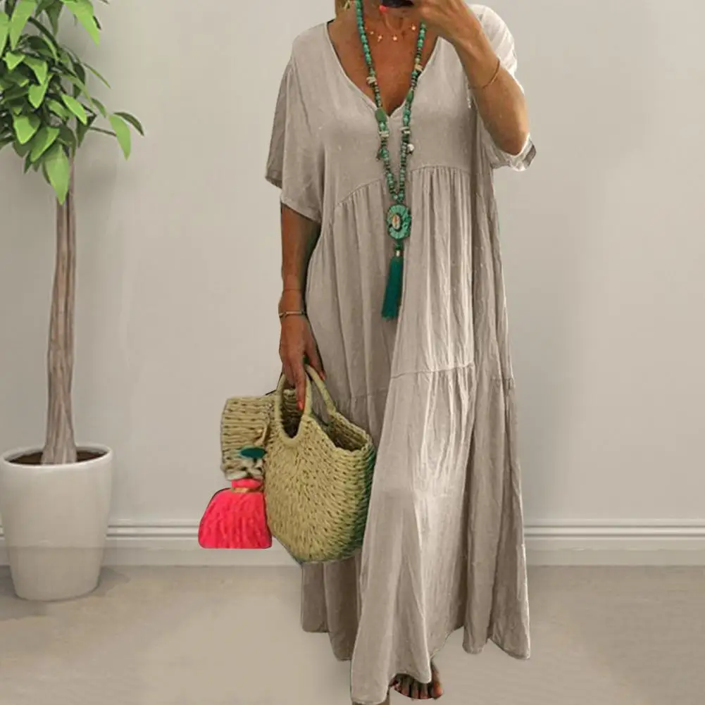 

Women's Summer Dress Oversized Ankle Length Short Sleeves V Neck Bohemia Maxi Dress Long Dresses for Women 2023