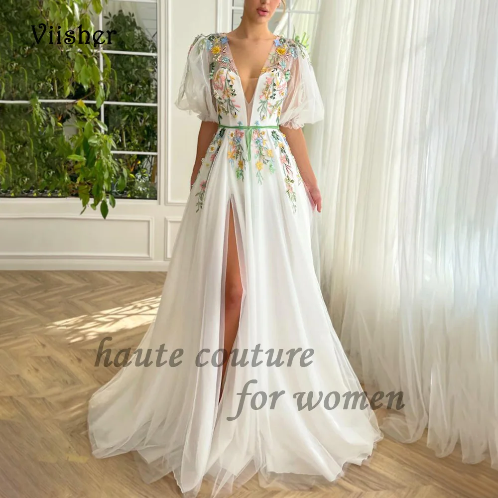 

White Tulle Fairy Prom Party Dresses with Slit Puffy Sleeve Flowers Embroidery A Line Evening Dress V Neck Long Formal Gowns