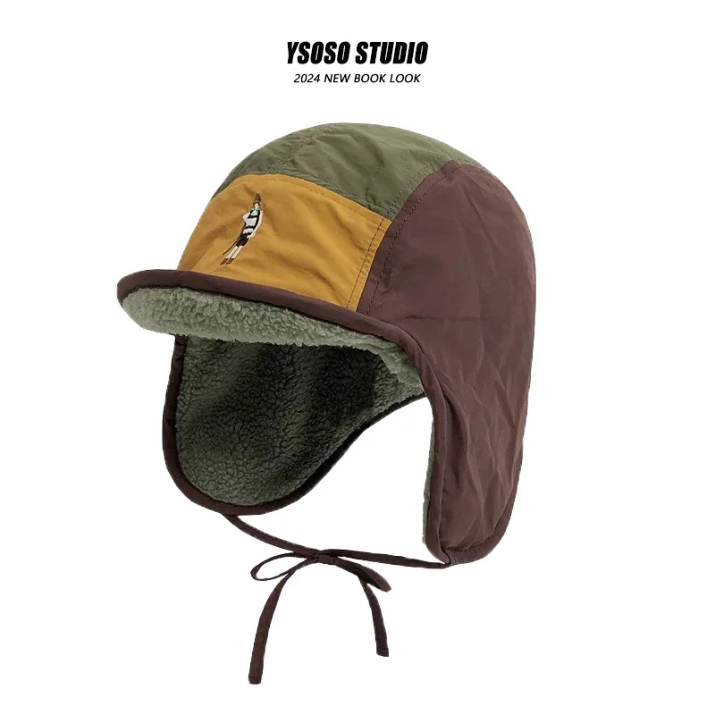 Korean Retro Embroidery Color Matching Bomber Hat for Men Women Autumn Winter Fleece Warm Versatile Ear Protection Ski Pilot Cap winter hat knitted hat fashion hat earflap hat