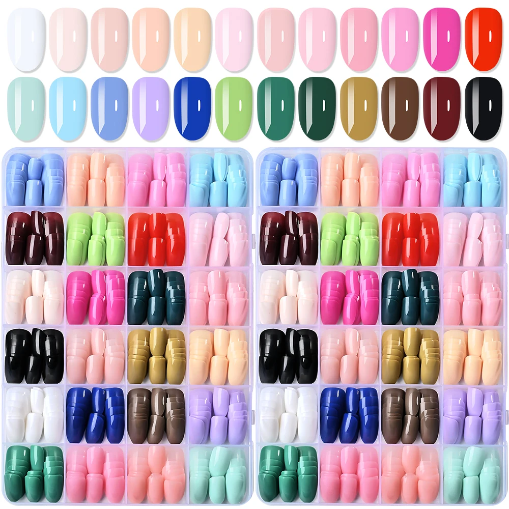 24 Farben (288 Stück) Bunte Kurze Ovale Aufklebenägel Glänzende Einfarbige Vollabdeckung Künstliche Nägel DIY Maniküre Acryl Falsche Nagelspitzen – Detail 5