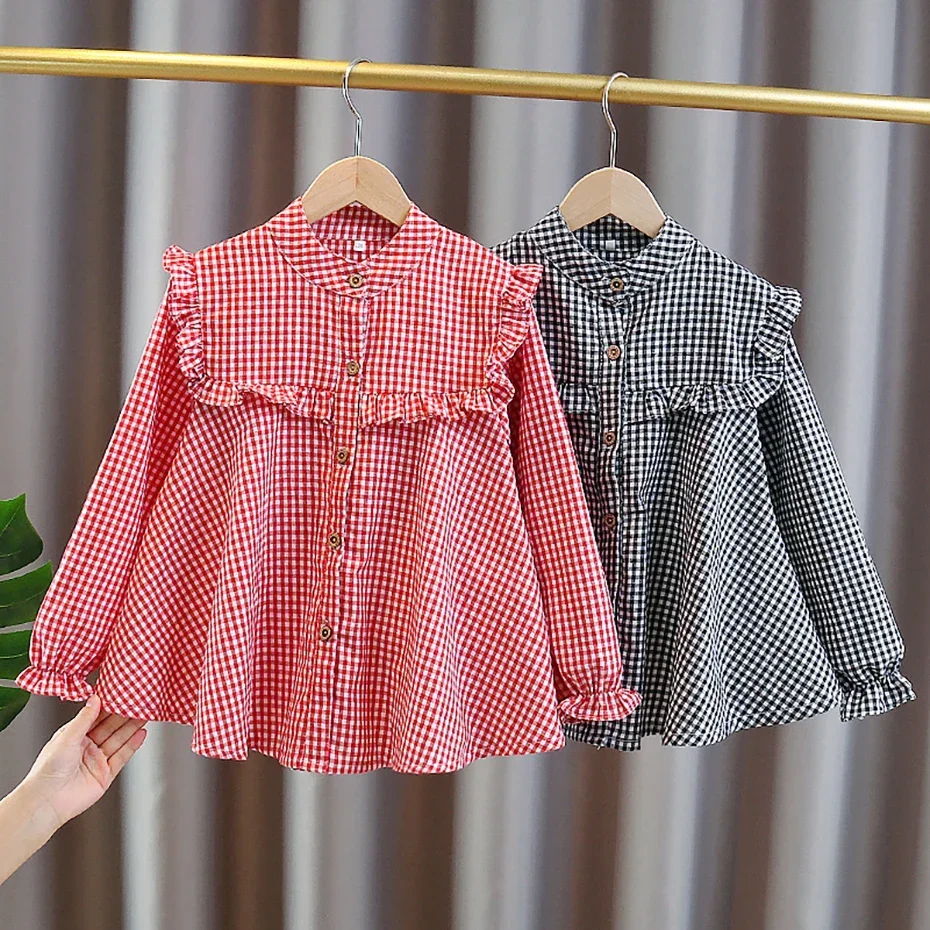 Girl's shirt Spring and Autumn children's long sleeved plaid shirt Youth casual bottom 3-12 years old blouse