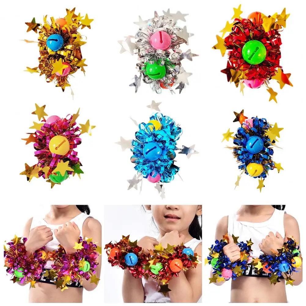 2Pcs Wrist Flower with Star Bell Decor Cheerleading Cheer Elastic Band Bracelet Holiday Celebration Metallic Sparkling Wrist Acc