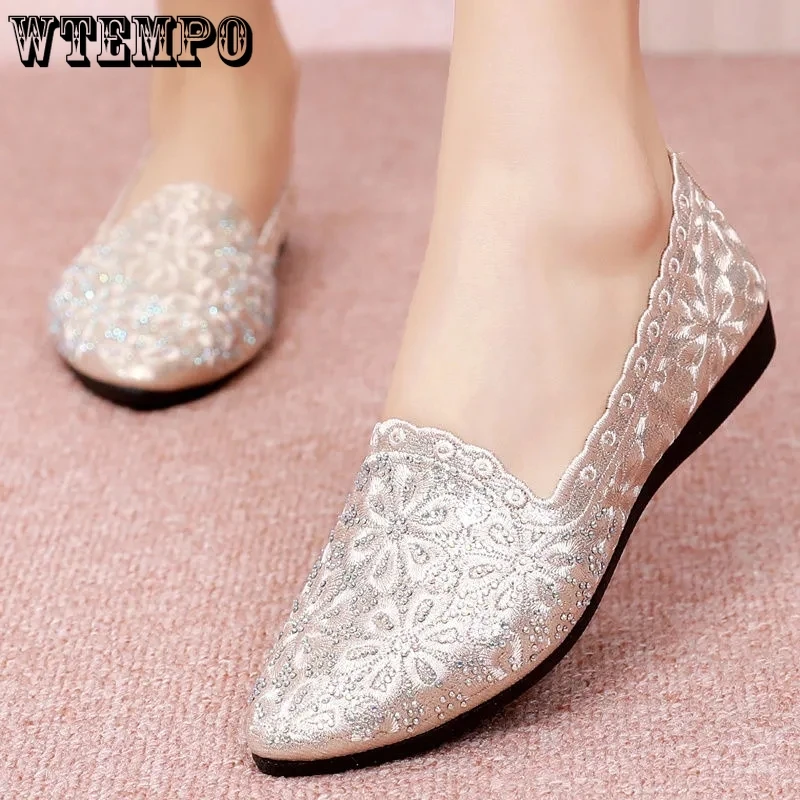 

Женские тканевые туфли без шнуровки, кружевная вышивка, стрейчевая ткань, на плоской подошве, с вышивкой бисером, неглубокая обувь для работы, корейская мода