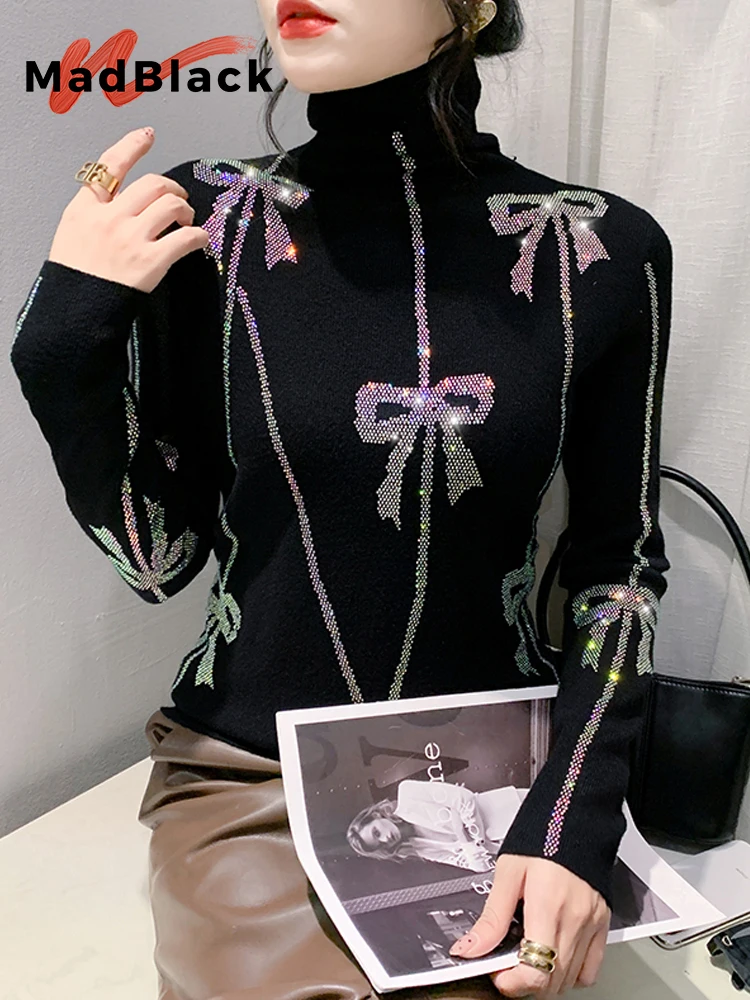 MadBlack European Clothes Sweater Women Turtleneck Bowtie Hot Drill Slim Knitwear Long Sleeve Pullover Autumn Winter T39974JC