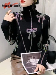 MadBlack European Clothes Sweater Women Turtleneck Bowtie Hot Drill Slim Knitwear Long Sleeve Pullover Autumn Winter T39974JC
