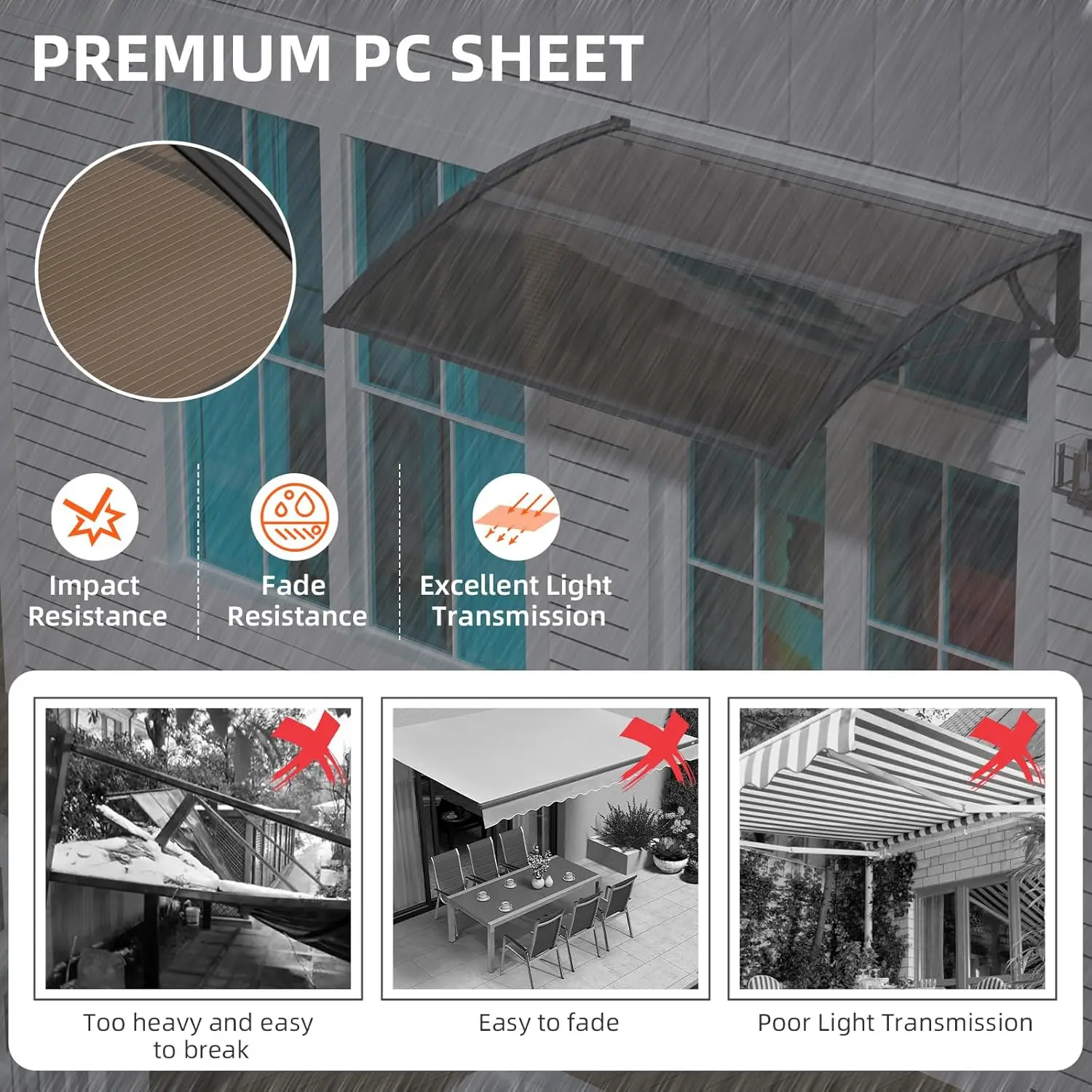 30/40/60/80 Inches Window Awning Outdoor Canopy Exterior For Patio Deck Porch UPF 50+ Polycarbonate Eaves Canopy Sun Shutter