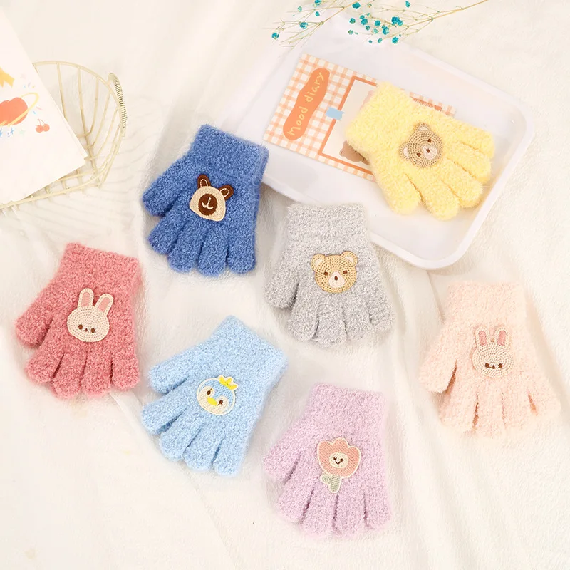 Winter Gloves Baby Mittens Thick Velvet Children Gloves Cold Resistant Warm Kids Split Finger Gloves Cute Cartoon Bear Glove Winter Baby Mittens 1-3year