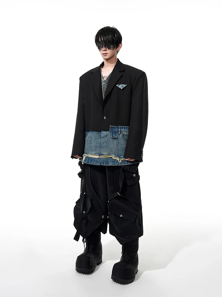 Male Niche Design Tailored Coats Personality Faux Two-piece Spliced Denim Blazers Male Handsome Long-sleeve Suit Jackets