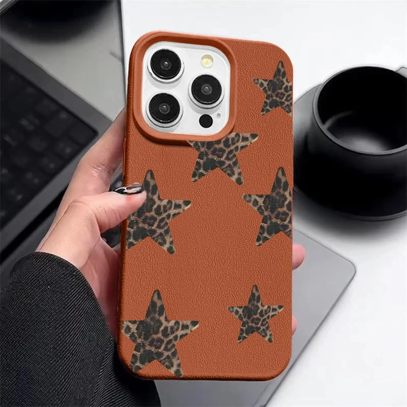 Leopard Print Stars Bow Lychee Texture Silicone Phone Case