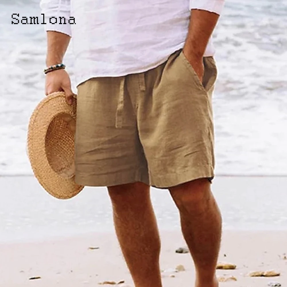 

Мужские льняные шорты Samlona 2024 со стоячим карманом свободные спортивные брюки на шнуровке размера плюс 5xl мужские повседневные пляжные шорты Мужская Уличная одежда