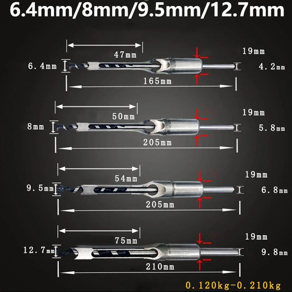 6.4/8/9.5/12.7mm Woodworking Square Hole Drill Bit Square Punching Bit Spiral Slot Chisel Woodworking Tool Punching Bit