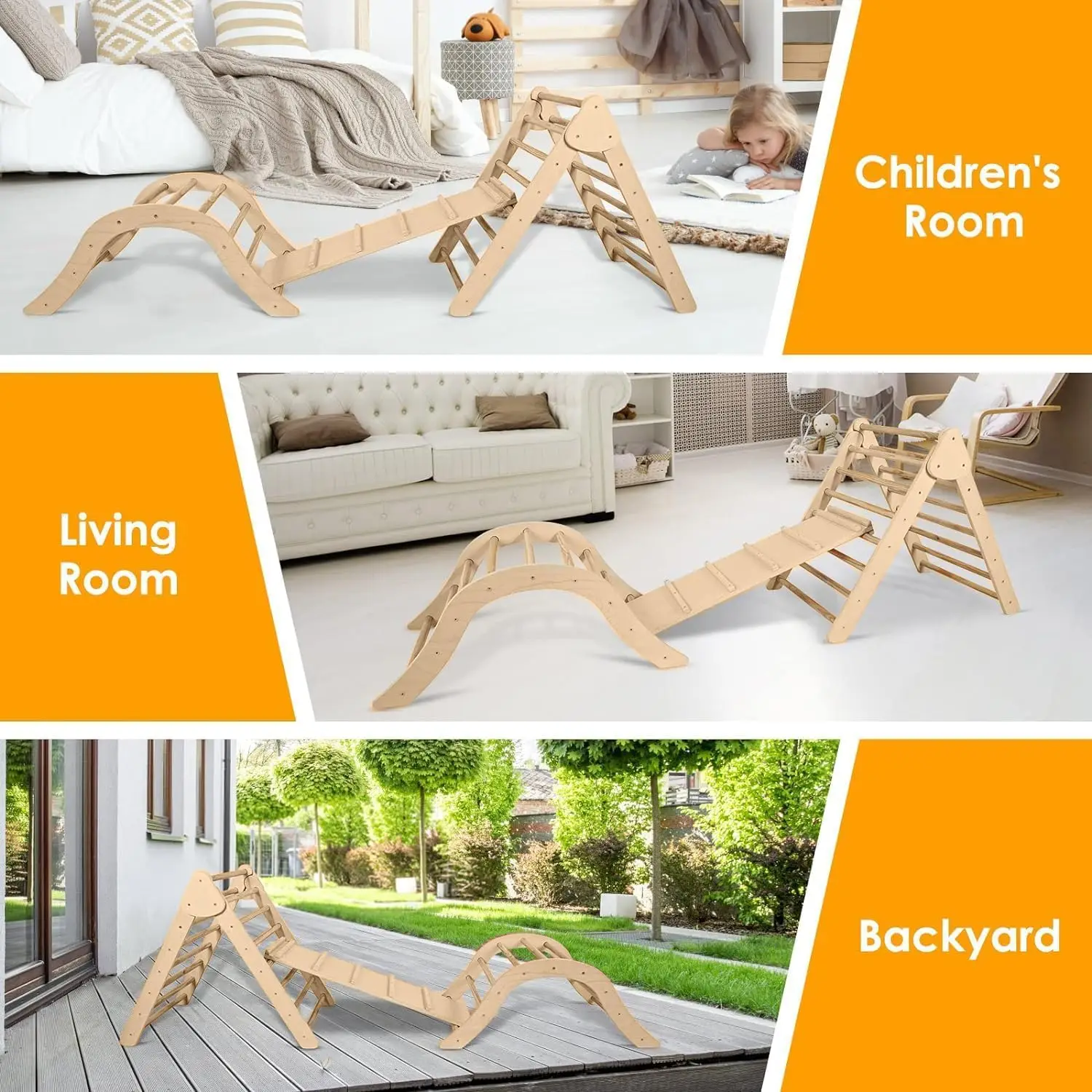 6-in-1 Pikler  Wood Adjustable Triangle Set Wooden Montessori Climbing Set with Ramp Arch Slide and Net Climbing Toys Indoor 6