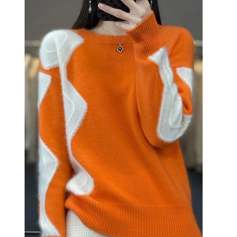 New Autumn and Winter Fashion Versatile Trend Colorblock Round Neck Simple Casual High Grade Temperament Women\'s Knitted Sweater