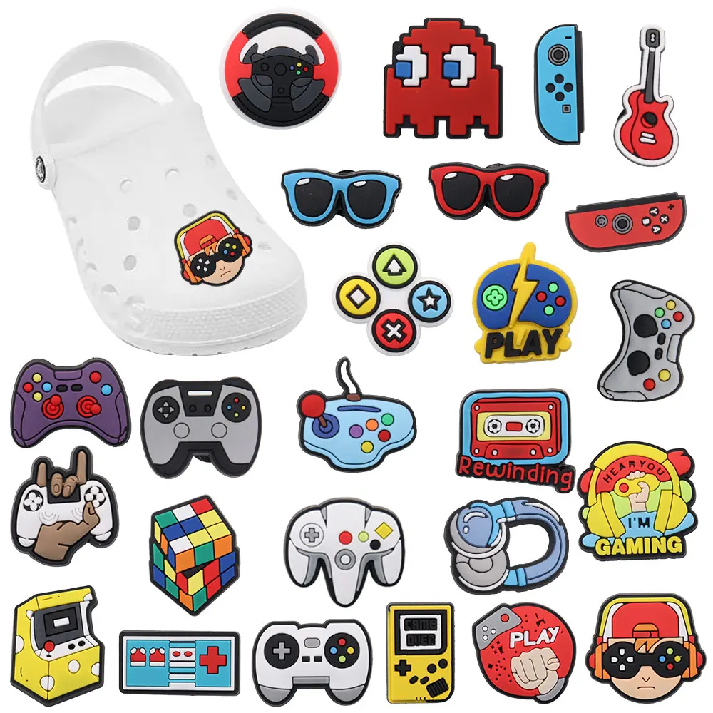 

Mix 50PCS PVC Croc Charms Tape Headphones Game Console Glasses Gamepad Guitar Hole Slipper Decoration Accessories Fit Wristbands