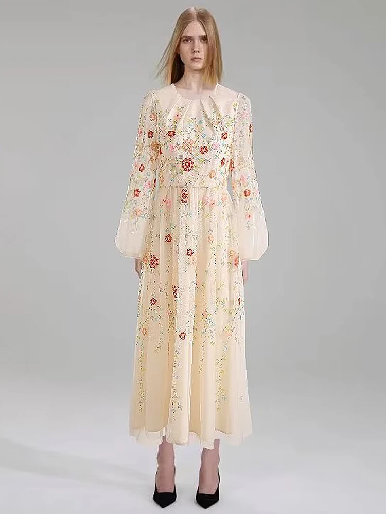 

Luxury Female New Autumn High Quality Fashion Party Mesh Milky White Slim Sequin Elegant Gentlewoman Gorgeous Chic Long Dress