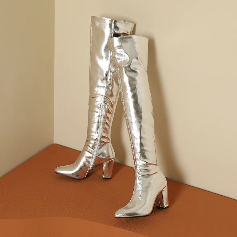 

Winter Plus Size 46 Sexy Thigh High Boots Long Over Knee Gold Silver Block High Heel Boot Womens Shoes 2023