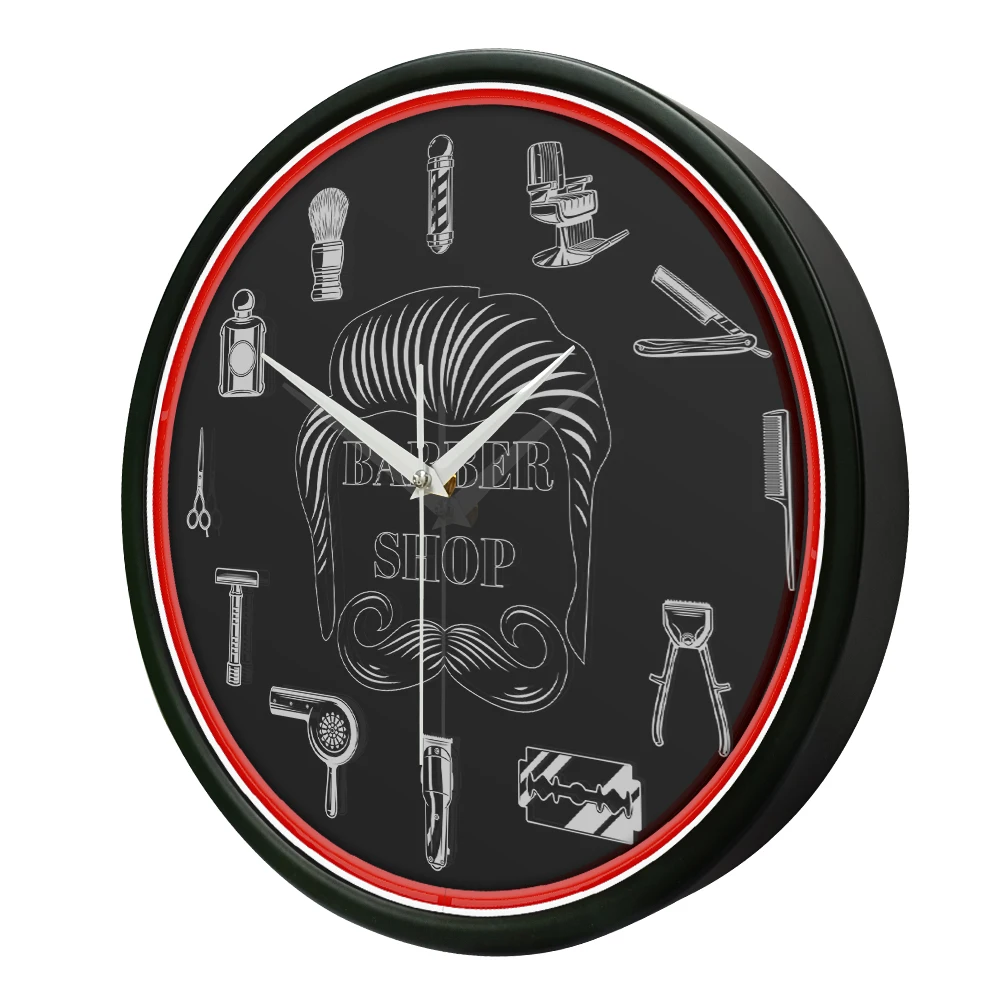 Barber Shop Red Neon Logo Metal Frame Wall Clock for Man Cave Barbering Business Sign Flexible Flex illuminated Neon Wall Clock