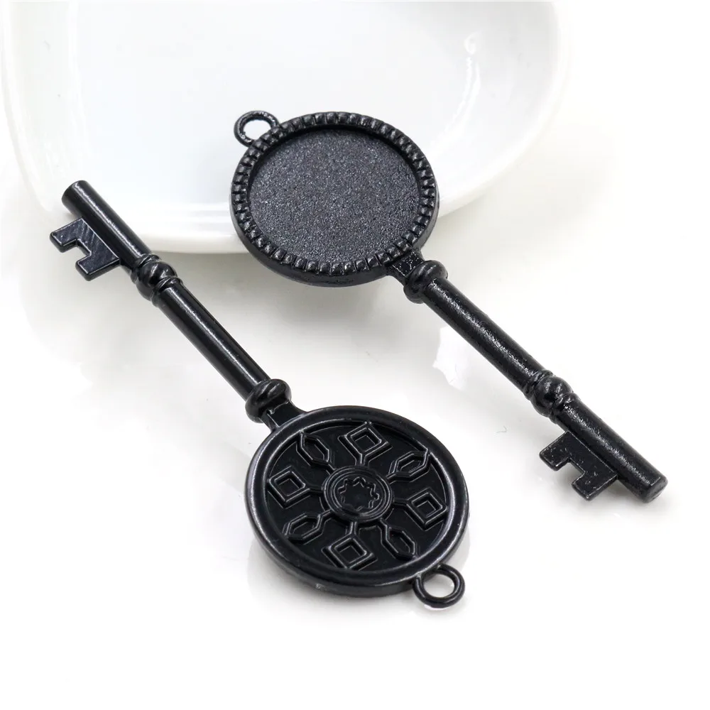 5pcs 20mm 내부 크기 골동품 실버 도금 및 청동과 블랙 클래식 키 스타일 카보 숑 자료 설정 매력 펜 던 트
