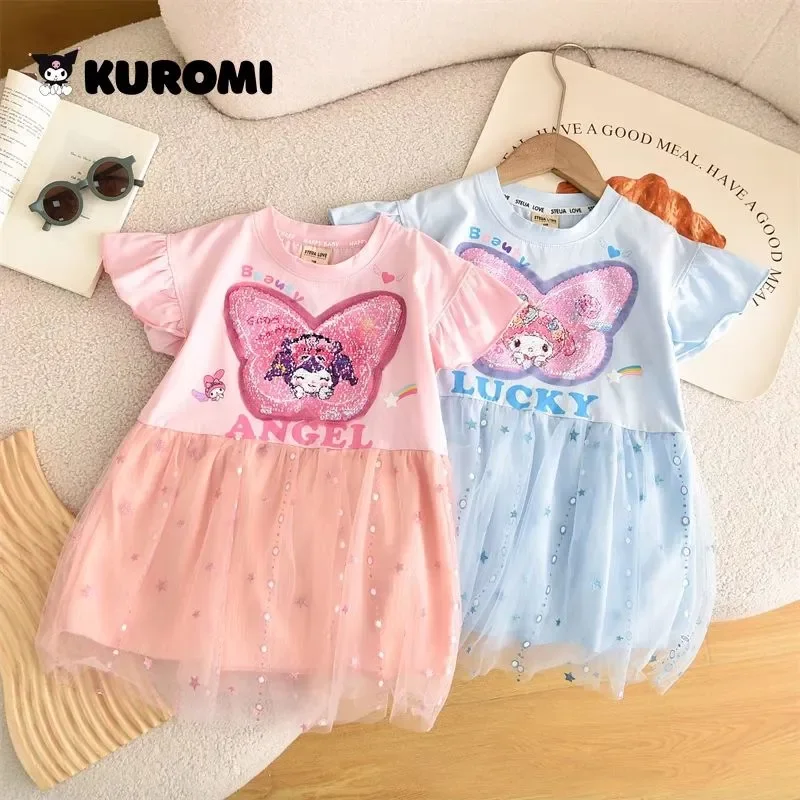 

Платья для девочек 2024, Летнее Детское Сетчатое платье Sanrio Kuromi MY MELODY с короткими рукавами и блестками, детская одежда, платья