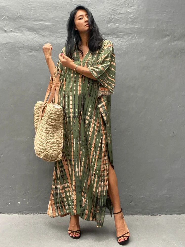 Kaftans 비치 드레스 넥타이 염색 프린트 비키니 커버 수영복 여성용 보헤미안 수영복 비치웨어 Hot