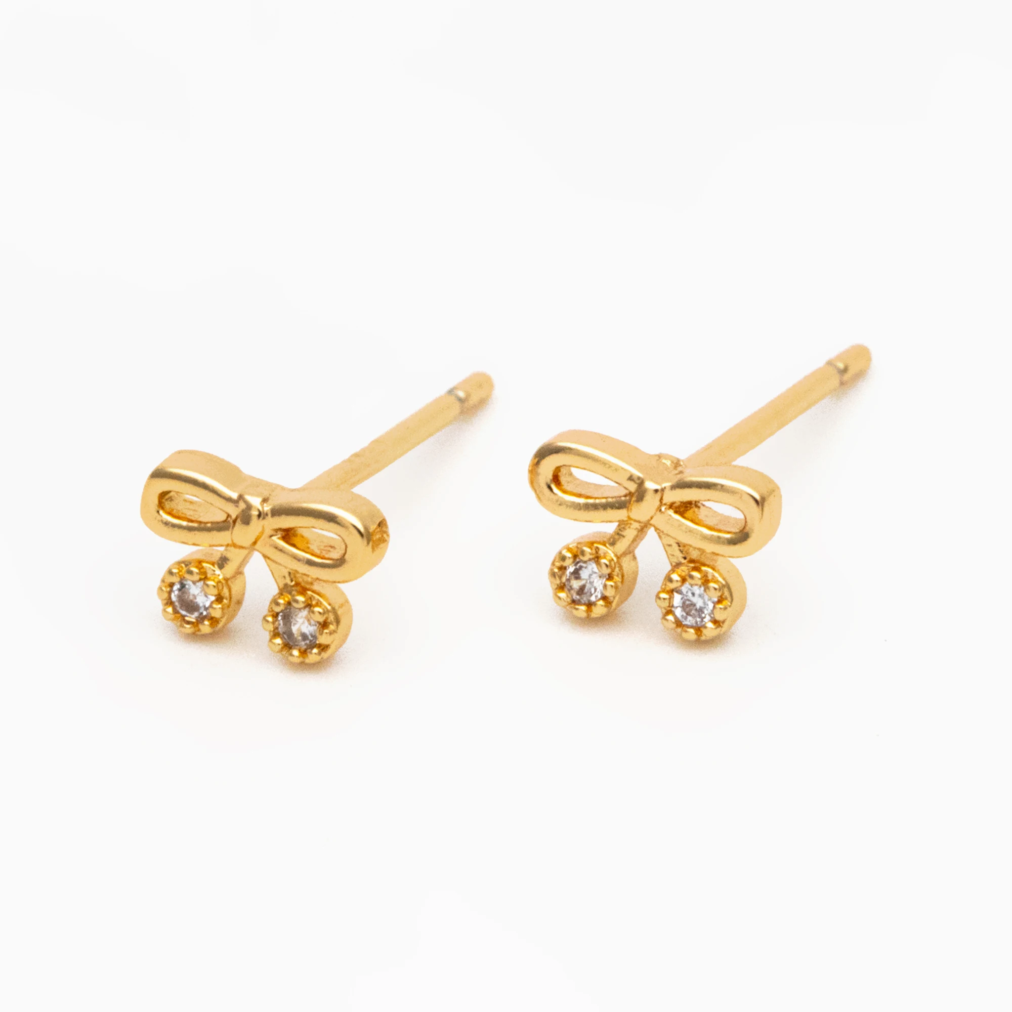 

10pcs CZ Pave Gold Bowknot Earrings, 18K Real Gold plated Brass, Bow Knot Stud Earring (GB-4068)