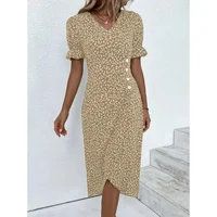 Elegant Floral Pleated H shaped Midi Dress Female V Neck Puff Sleeve Waist Ruched Button Dresses Women Summer Dress Robe - Image 3