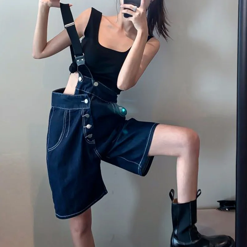 Ladies Summer One-shoulder Denim Overalls Knee-length Denim Trousers Loose One-shoulder Streetwear Causal Jumpsuit Overall men s autumn and winter new men s personality simple fashion trend large size jumpsuit zipper design cargo casual trousers