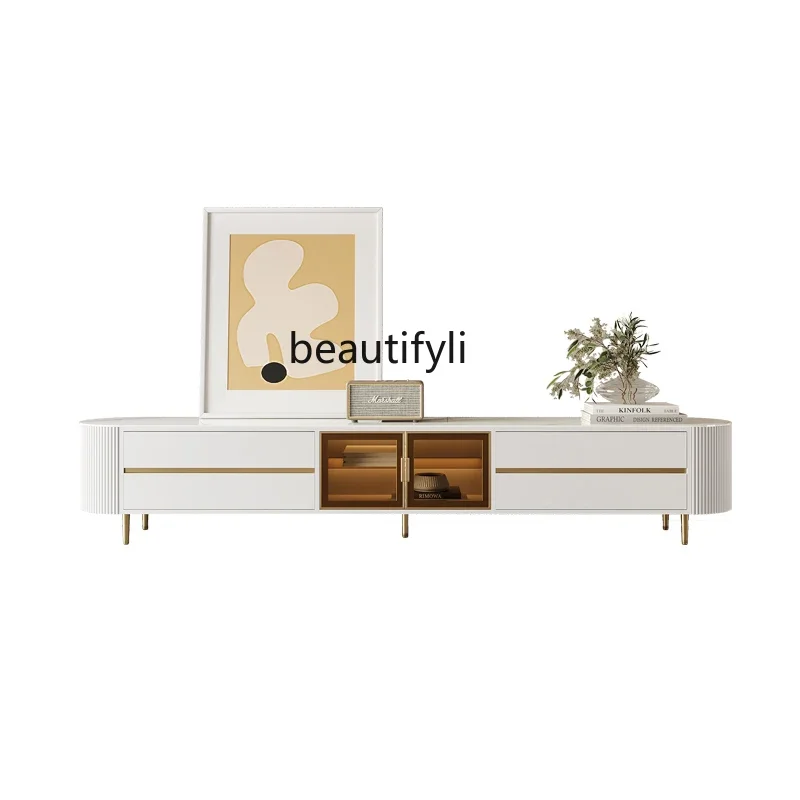 

Light Luxury TV Cabinet Small Apartment Living Room Home Modern Minimalist Floor Cabinet Oval Stone Plate Tea Table Combination