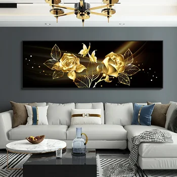 Modern Abstract Wall Art Black and Gold Flowers HD Canvas Oil Painting 1