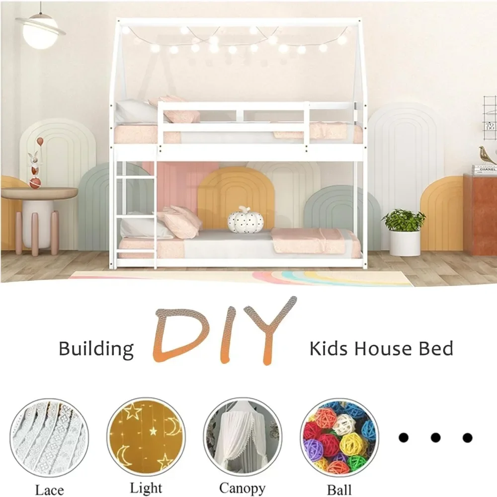 NEW-Bellemave Twin Over Twin House Bunk Bed for Kids,Floor Low Bunk Beds with Ladder and Guardrails,Solid Wood Twin Size Bunk Be