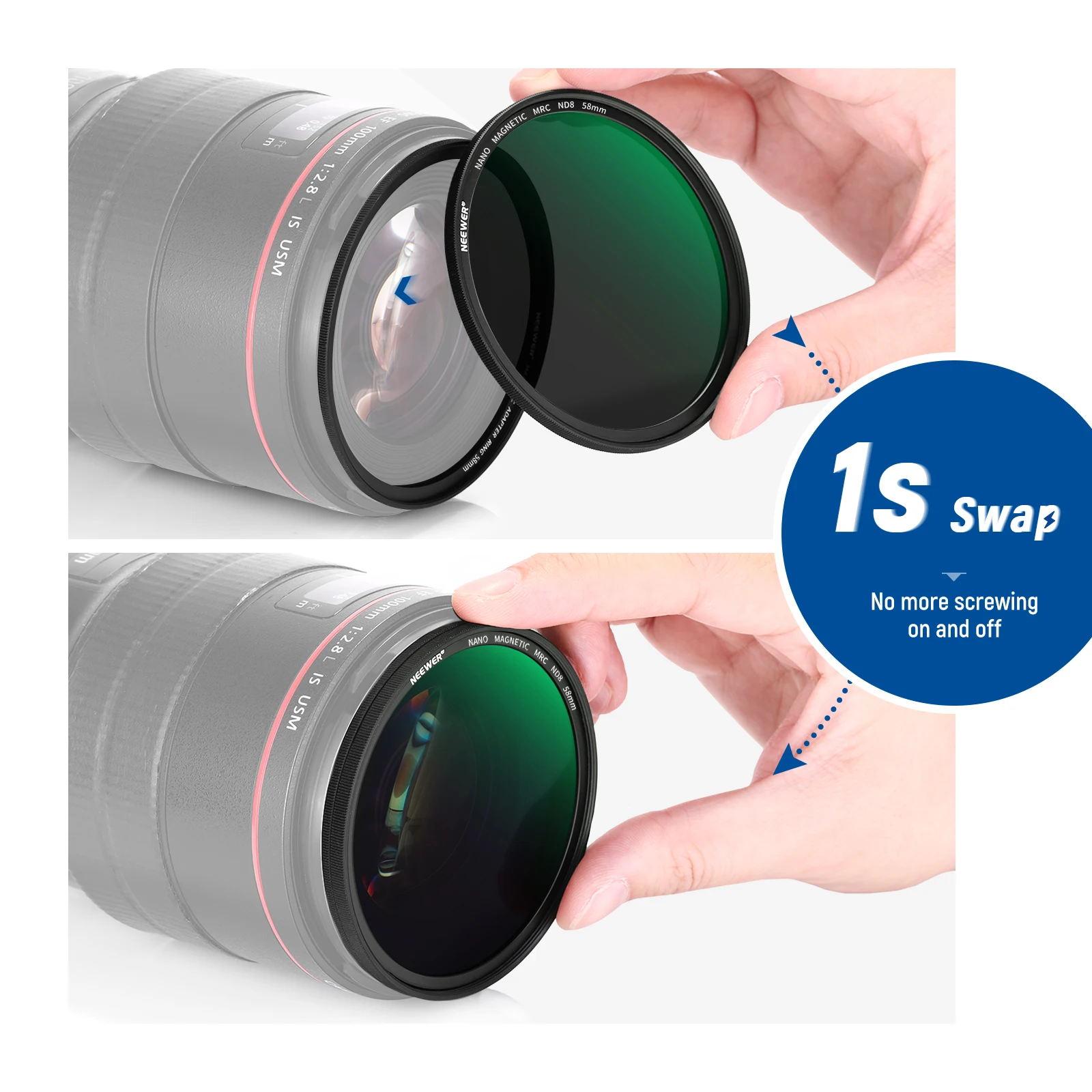 NEEWER 5 in 1 Magnetic ND Lens Filter Set, Black Diffusion 1/4 Filter, Soft GND8, ND8, ND64 Magnetic Adapter Ring 2