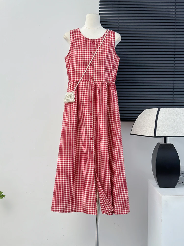 Retro Single Breasted Red Plaid Women's Dresses Summer Sweet Round Neck Loose Suspender Long Dress Commuter Vacation Vestidos