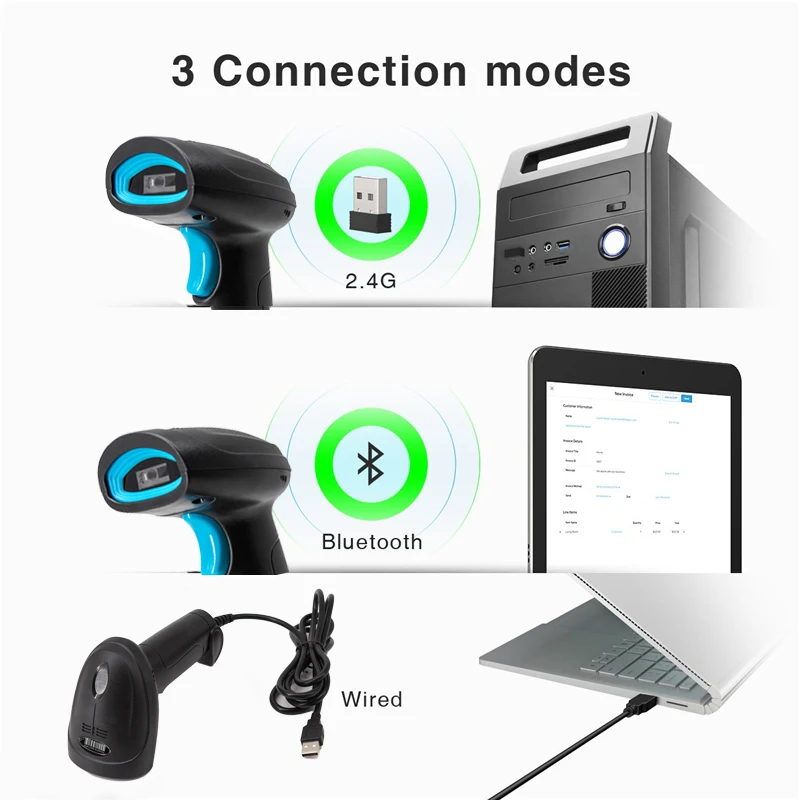 2D Bluetooth Wireless/Wired Barcode Scanner Portable Handheld 1D/2D QR Code Reader Quick Identify Scan CMOS for Retail Warehouse