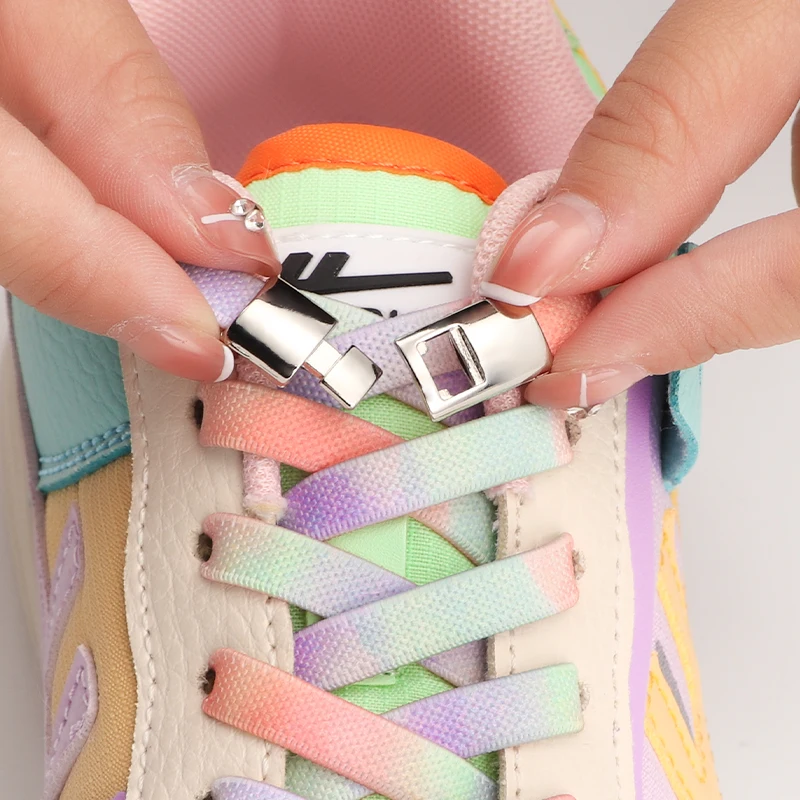 

Rainbow Elastic Sneaker Laces with Cross buckle No Tie Shoelaces for Adults Kids 8MM Wide Flat Rubber Shoelace Shoe Accessories