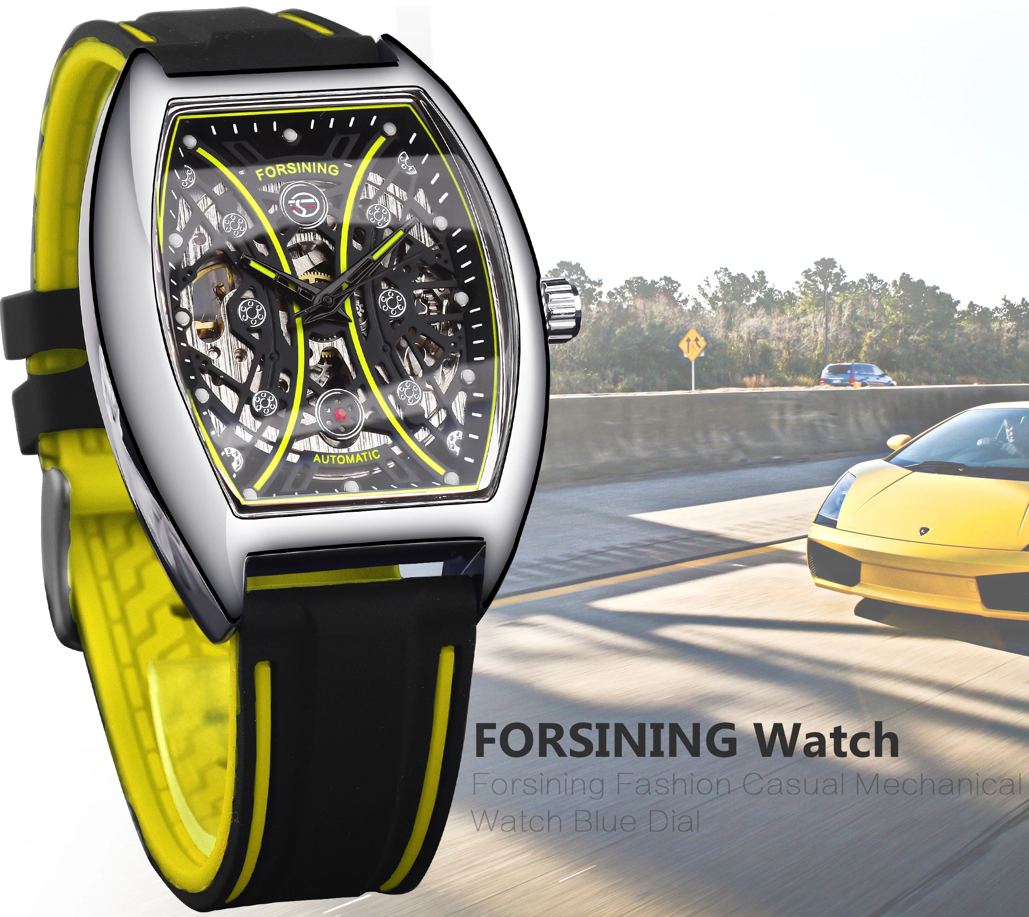 Forsining Skelett-Armbanduhr mit automatischem Aufzug, Gelb/Silber, für Herren, mechanisch, Militäruhr, rechteckig, für Herren, automatische Uhren_voghion.com