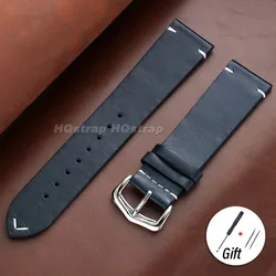 Deluxe Vintage Cowhide Leather Watch Band - Hand - Stitched Retro Style Strap - 20mm (Blue)
