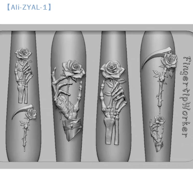 【ZYAL-1】장미 꽃 해골 실리콘 네일 아트 몰드 DIY 해골 손 디자인 투명 조각 몰드 네일 아트 장식
