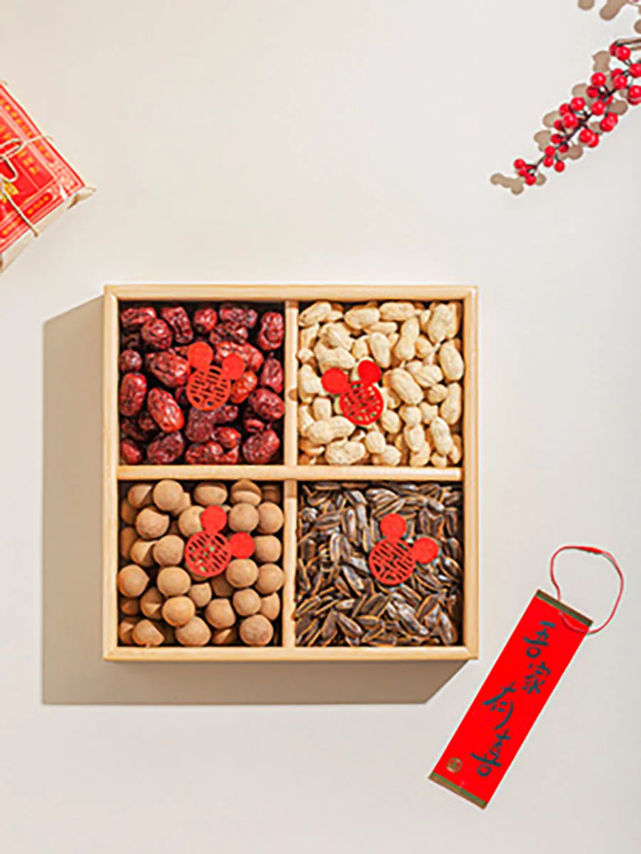 Bamboo Nut and Candy Serving Tray, Party Appetizer Platter, Veggie Dish, Candy Bowl for Chinese Red Wedding Party Supply Gifts