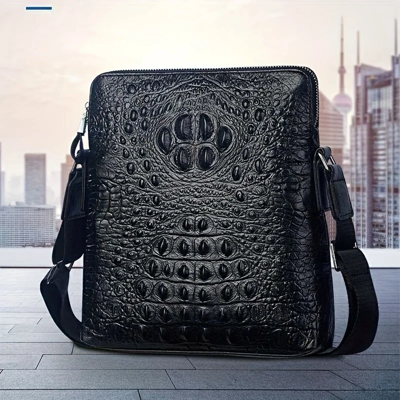 2024 Men's Business Casual Embossed Crocodile Pattern First Layer Cowhide Men's Single Shoulder Bag Fashion Black Crossbody Bag