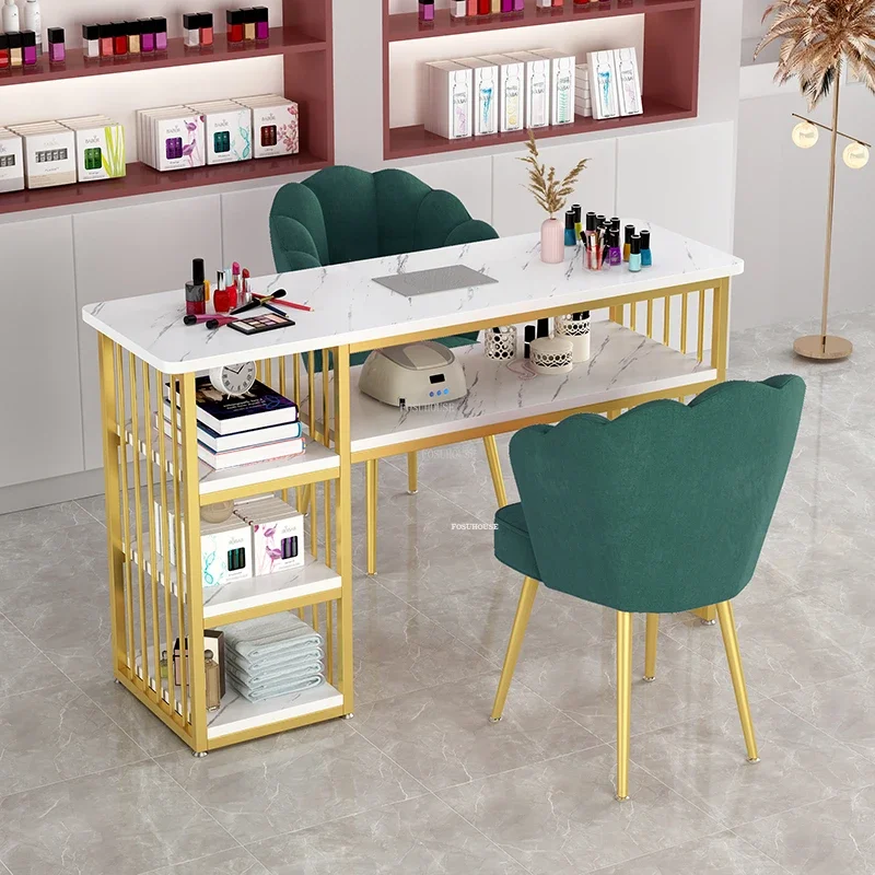 Nordic Light Luxury Golden Nail Tables Salon Furniture Modern Professional Manicure Table with Vacuum Cleaner Storage Nail Table